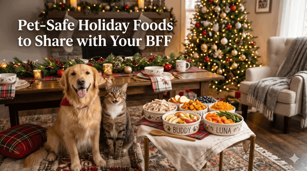 Dog and cat enjoying pet-safe holiday foods including pumpkin, carrots, turkey, and blueberries