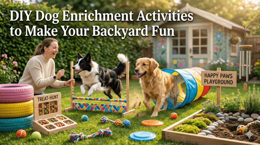 Dog enjoying a DIY backyard obstacle course with tunnels, jumps, and enrichment toys