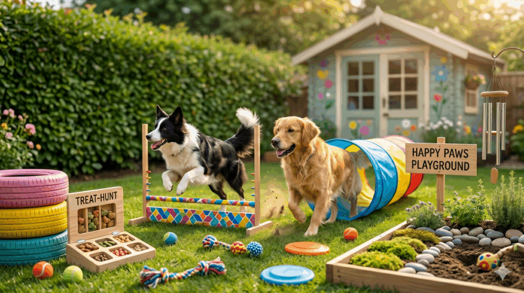 Dog enjoying a DIY backyard obstacle course with tunnels, jumps, and enrichment toys
